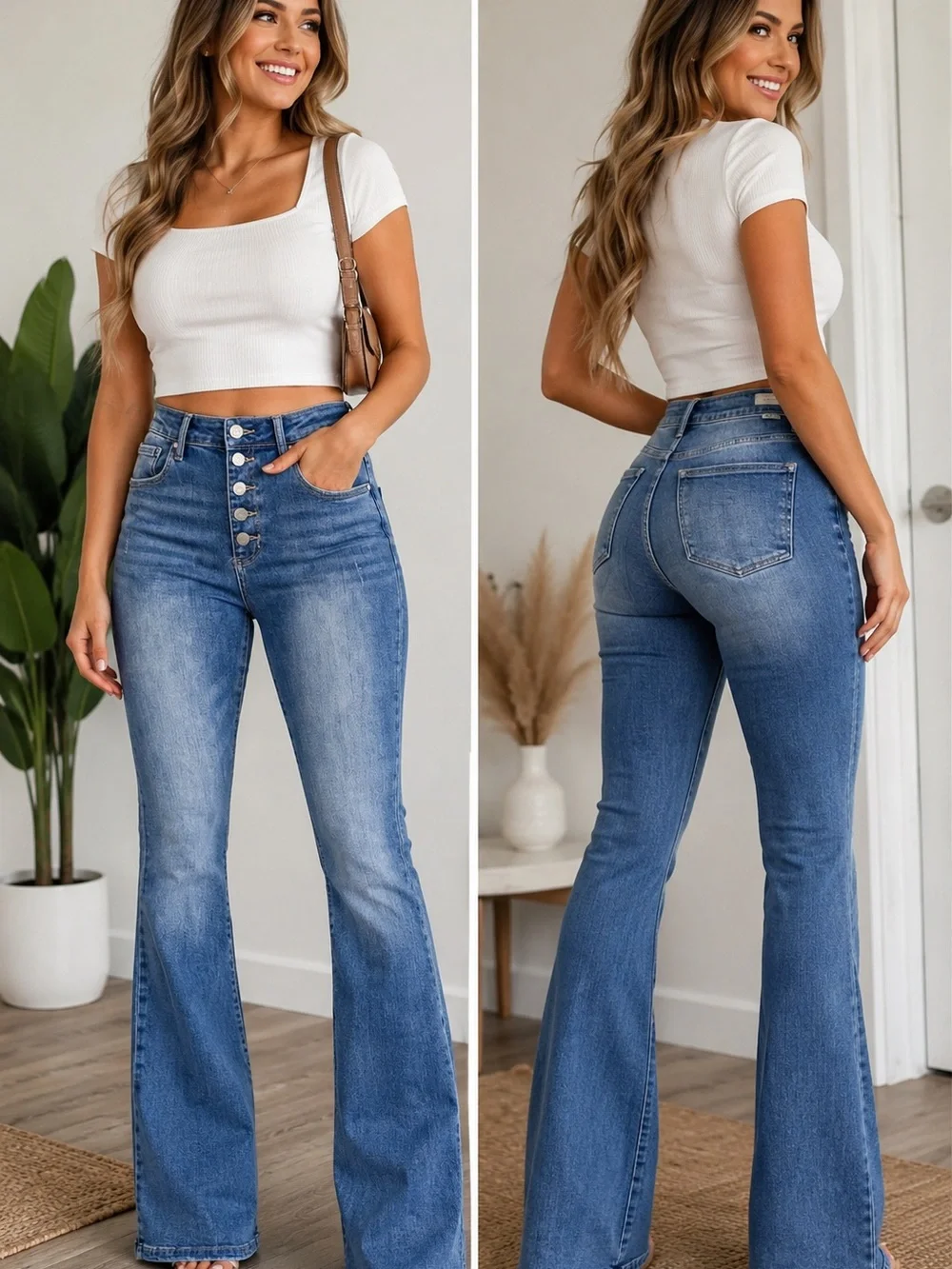 Risen High Rise Button Fly Flare Jeans Size 11/30 Medium Wash Stretch Denim